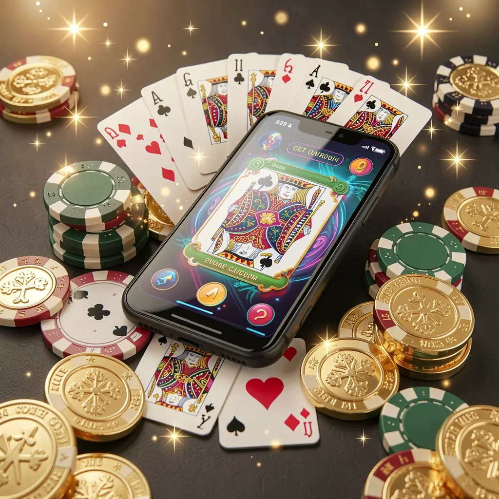 JI01 mobile gaming application concept showing a smartphone surrounded by playing cards, roulette chips, gold coins, and sparkling lights in a premium casino style