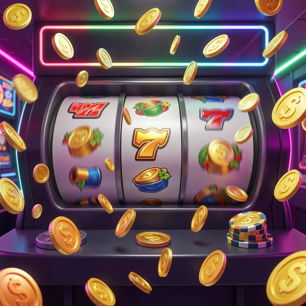 JI01 free spins casino image showing slot machine reels spinning with golden coins flying everywhere under colorful neon lights, creating an exciting jackpot mood in a premium 3D illustration
