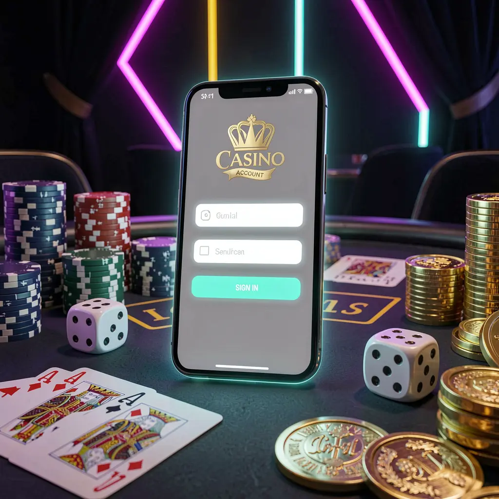 JI01 casino account sign in scene with a glowing smartphone on a casino table surrounded by cards, chips, dice, and gold coins against an elegant dark background with neon highlights