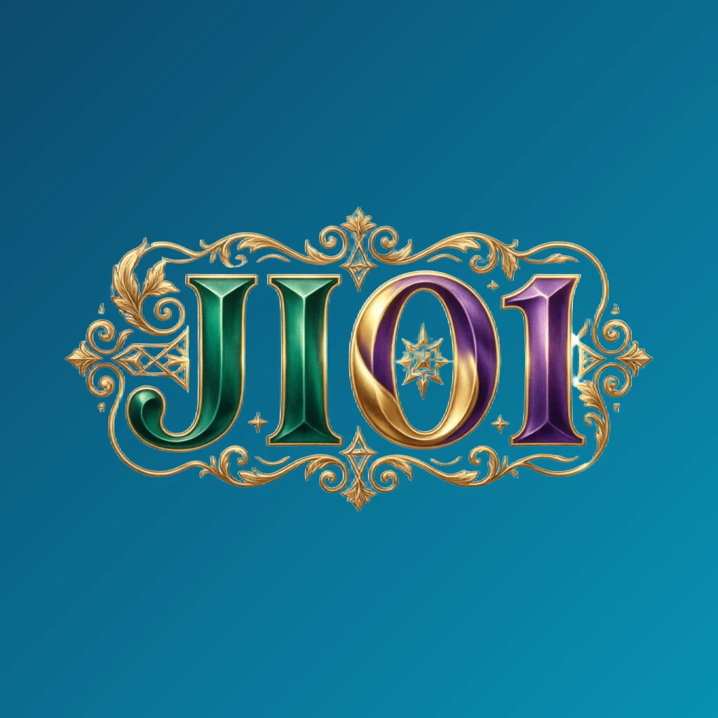 Luxury colorful logo for JI01 featuring bold serif typography in rich emerald, violet, and gold palette with elegant glowing ornaments on a transparent background, designed as a horizontal rectangular wordmark logo for website header