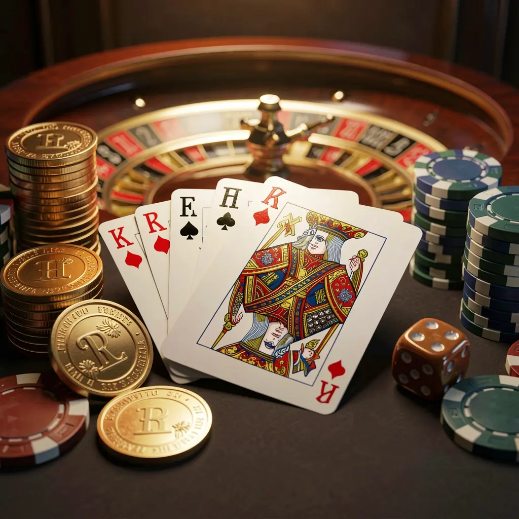 Elegant online casino homepage featuring JI01 brand with royal flush cards, dice, golden coins, poker chips on a dark table, and a glowing roulette wheel in the background in a cinematic 3D render